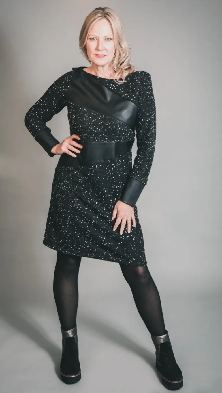 Elsewhere Adele Dot Fitted Fleece & Faux Leather Dress