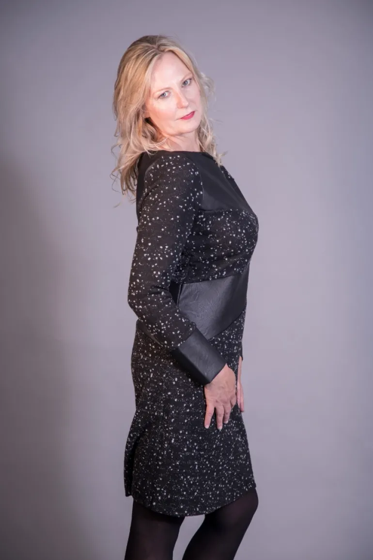 Elsewhere Adele Dot Fitted Fleece & Faux Leather Dress
