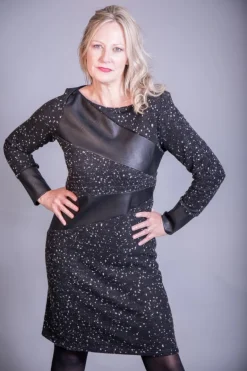 Elsewhere Adele Dot Fitted Fleece & Faux Leather Dress