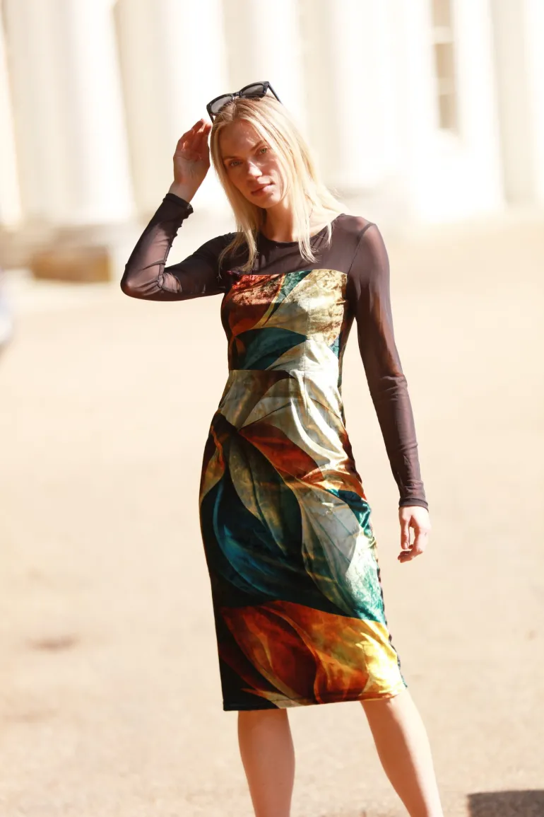 From My Mother's Garden Autumn Abstract Velvet Fitted Dress