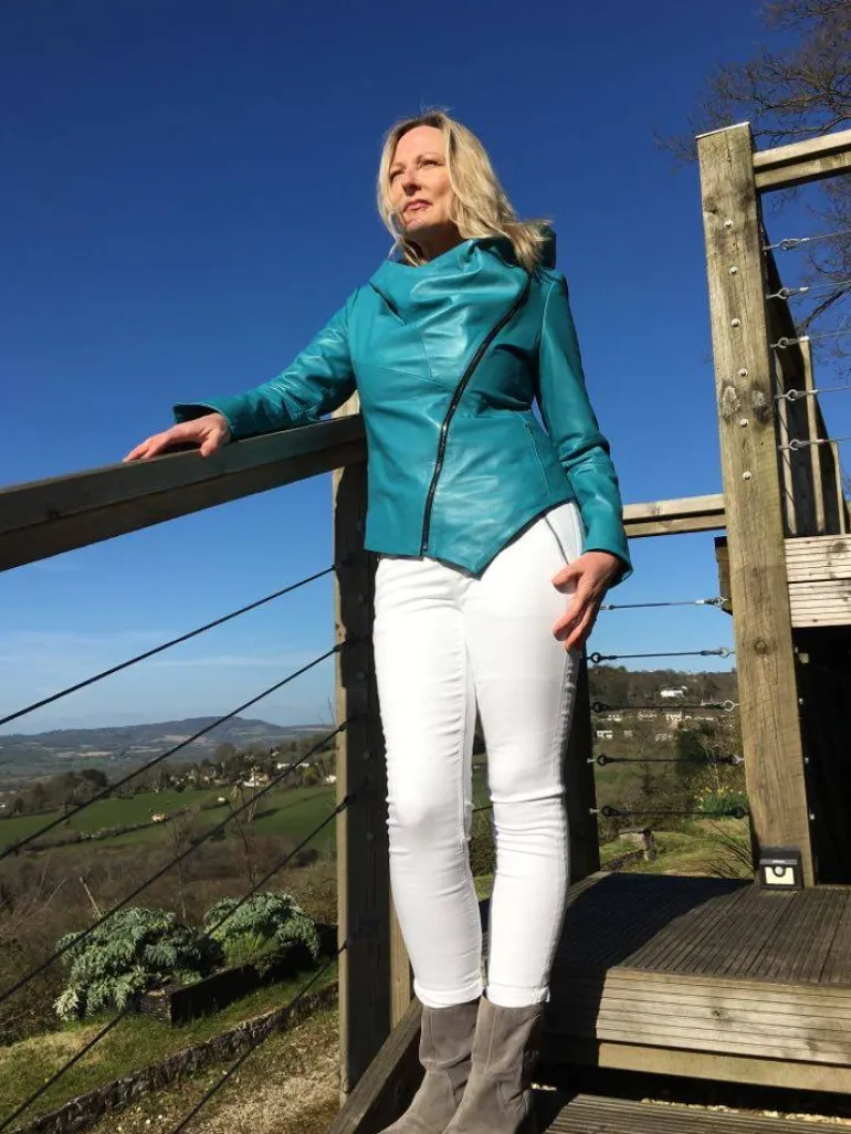 FROM MY MOTHER'S GARDEN HOODED LEATHER JACKET TURQUOISE