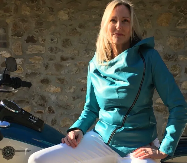 FROM MY MOTHER'S GARDEN HOODED LEATHER JACKET TURQUOISE