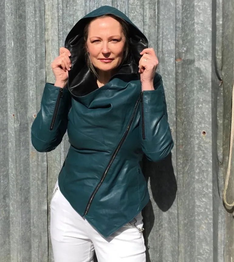 FROM MY MOTHER'S GARDEN HOODED LEATHER JACKET TEAL