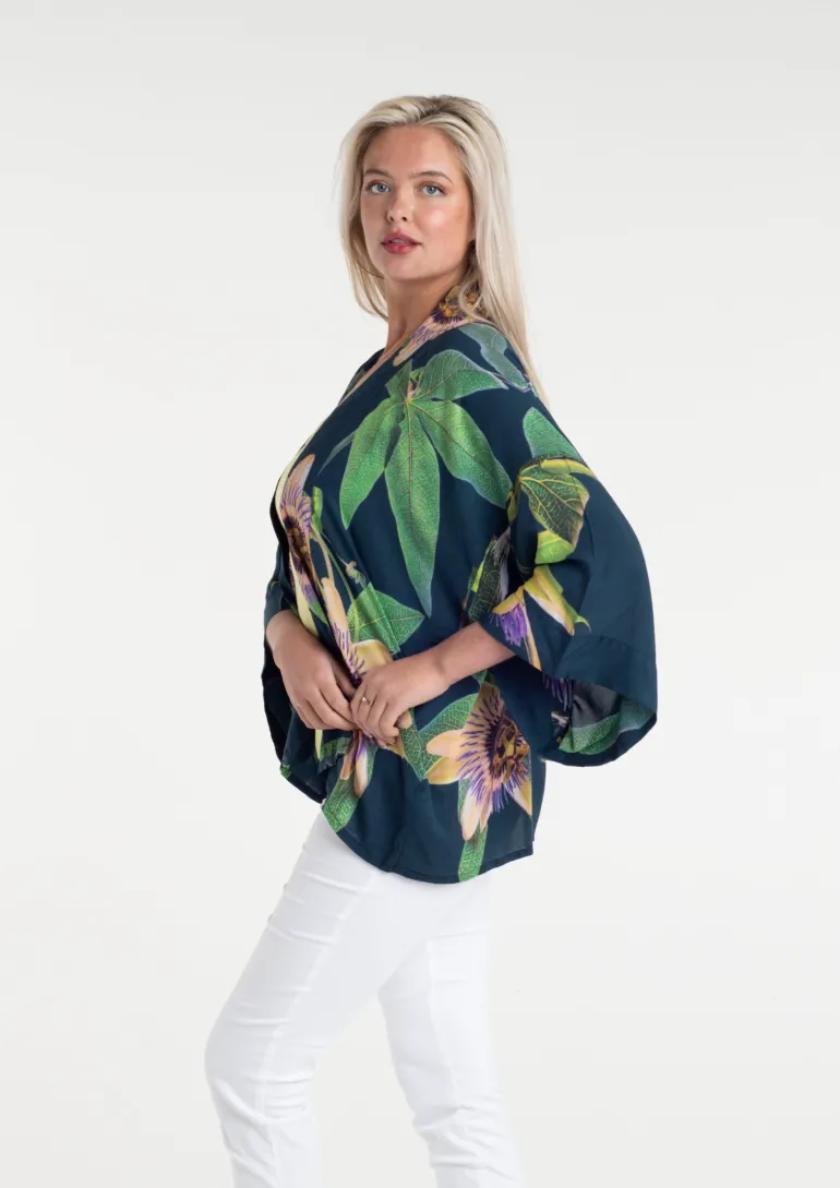 From My Mother's Garden Passionflower Short Kimono Petrol