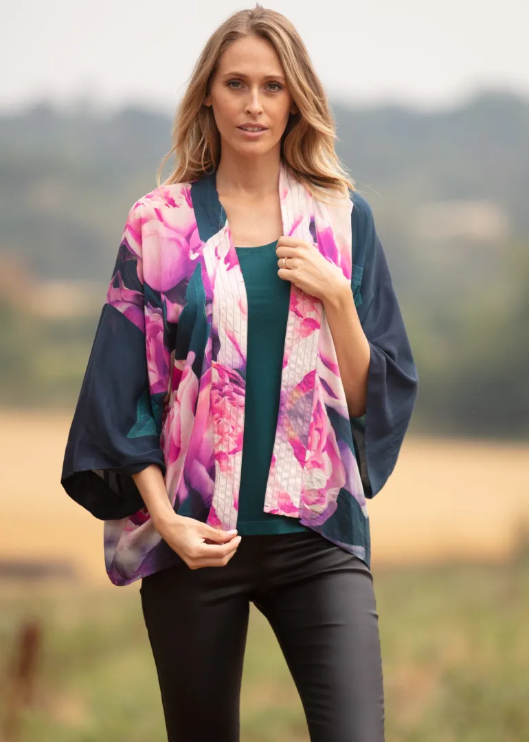 From My Mother's Garden Pink Peonies Short Kimono