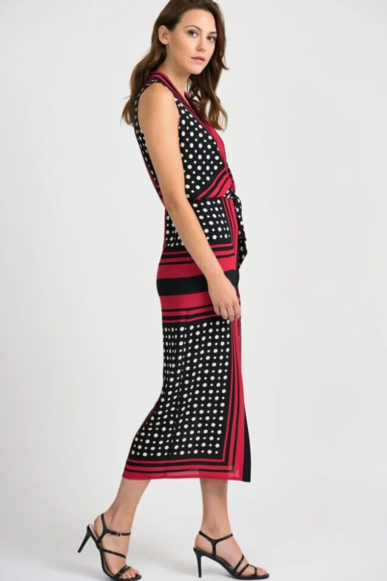 JOSEPH RIBKOFF RED SPOT MIDI DRESS