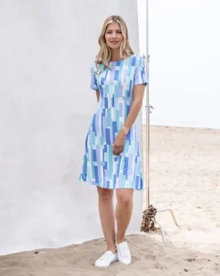 Marble Abstract Print Dress Aqua