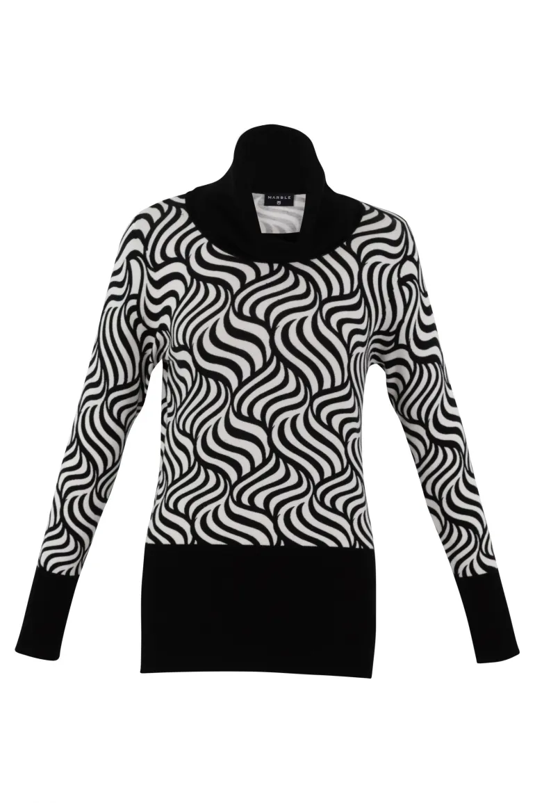 Marble Contrast Stripe Sweater Black and White