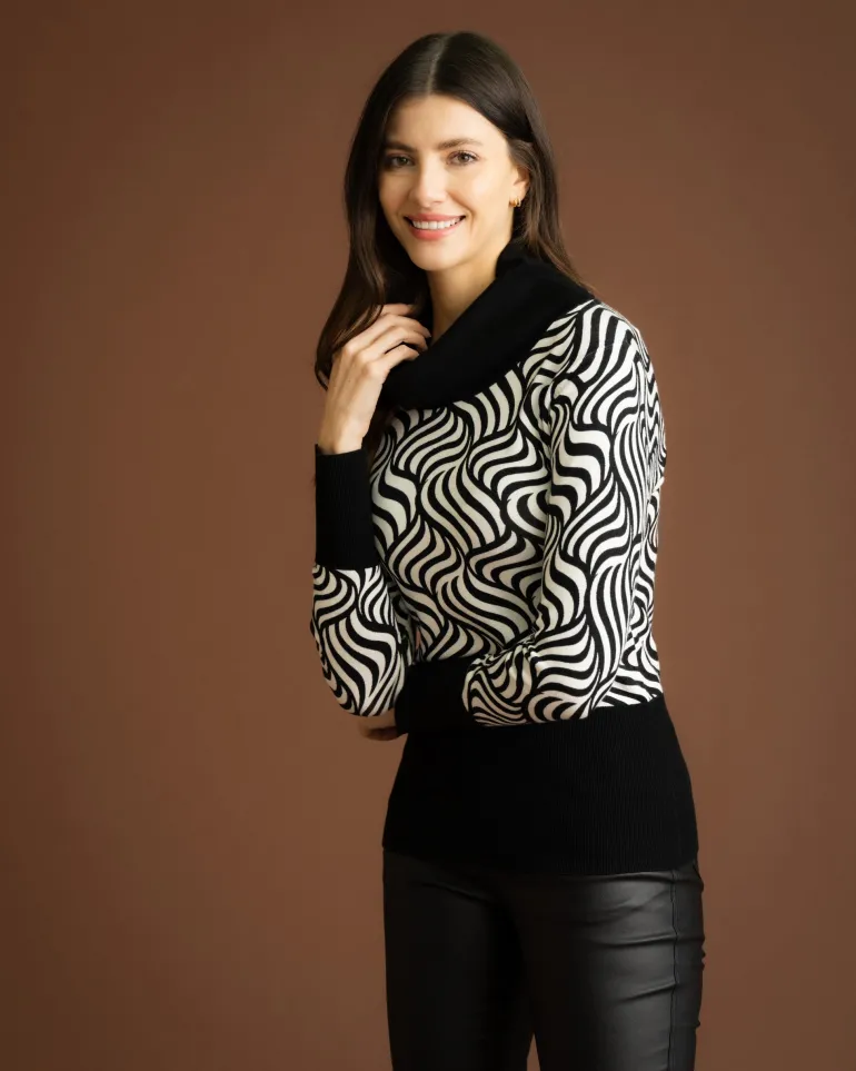 Marble Contrast Stripe Sweater Black and White