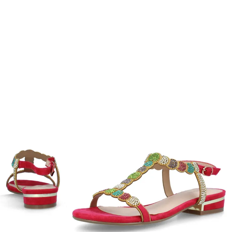 MENBUR FUCHSIA LOW HEEL DIAMANTE SANDALS