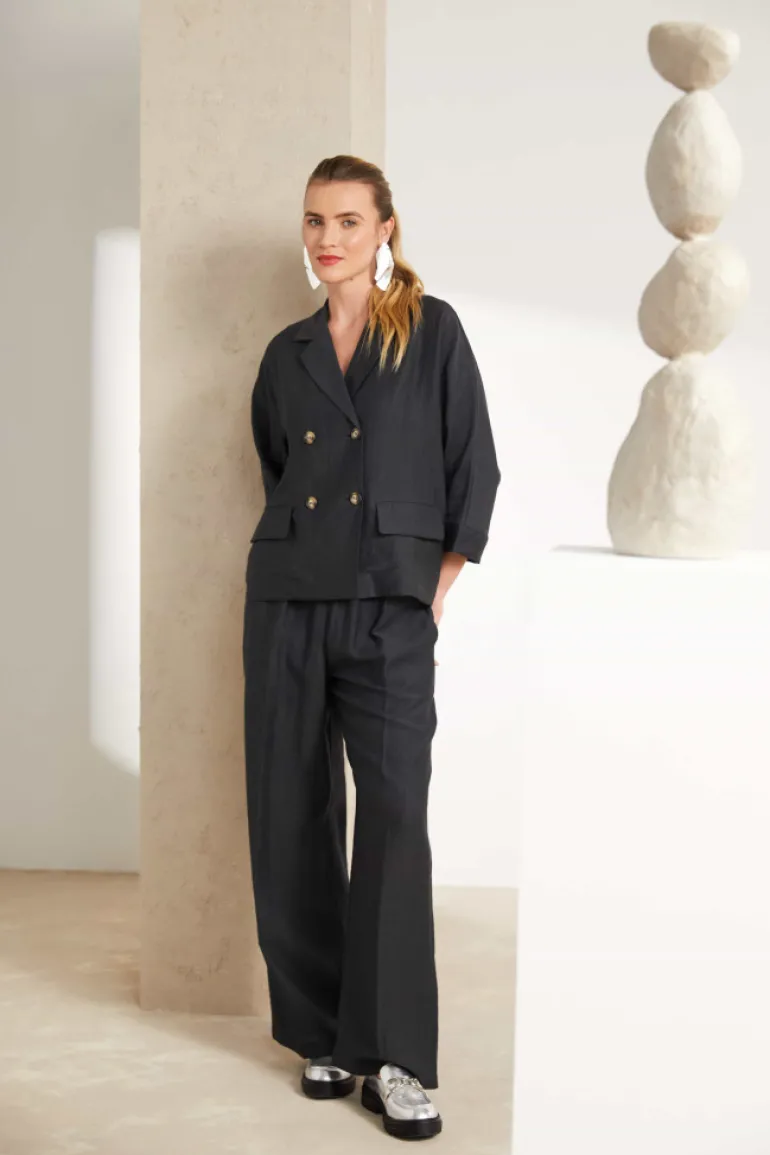 Naya Double Breasted Linen Jacket Carbon NAS25237