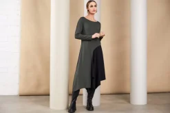 Naya Dress with Contrast Angled Side Panel Khaki/Black