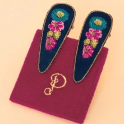 Powder Vintage Floral Hair Clips Navy