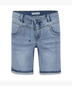 Red Button Jog Shorts Stone Used Denim