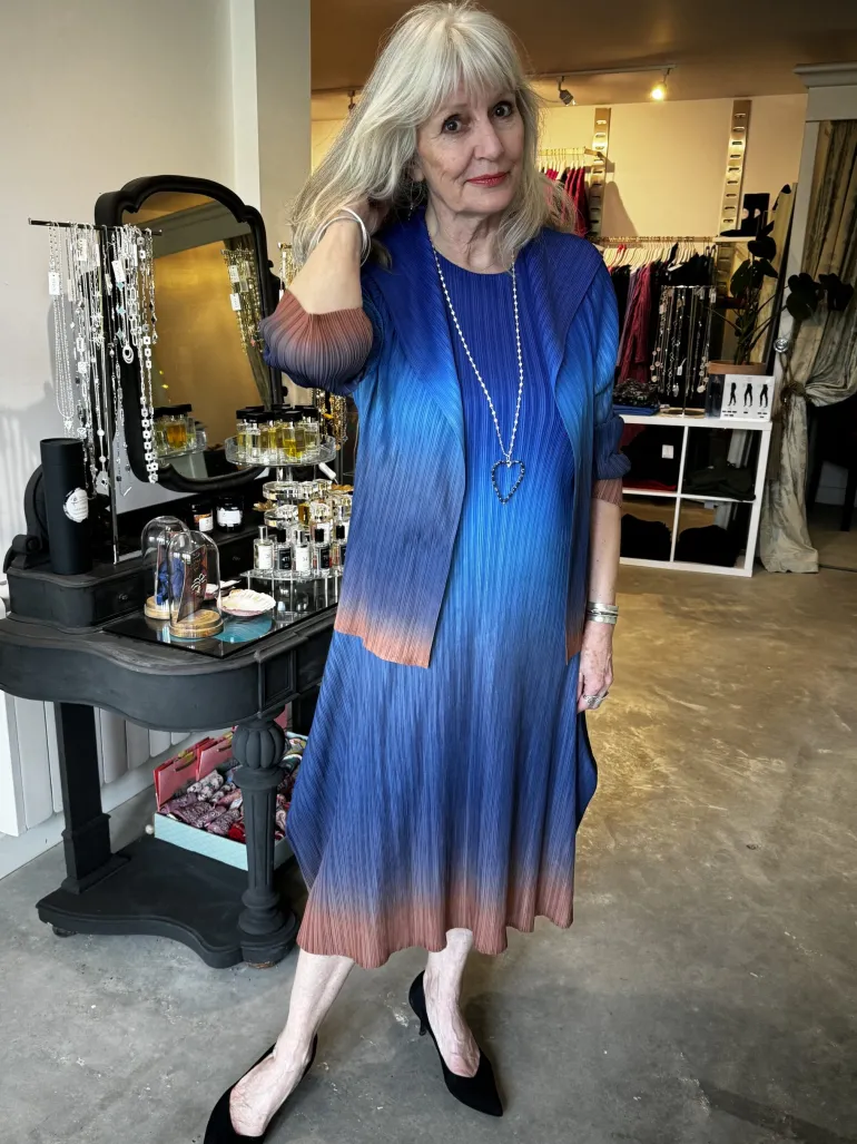 Thanny Plissé Dress with Belt Blue Ombre