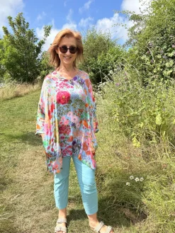Yavi Floral V Neck Tunic Blue