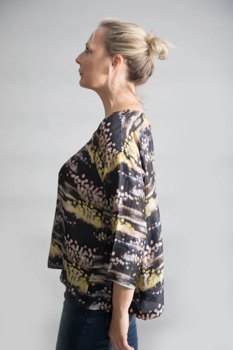 YAVI SILK BOX TOP BLACK WITH LEMON & DUSKY PINK