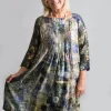 YAVI SILK DRESS PLEATED YOKE CIRCULAR PRINT